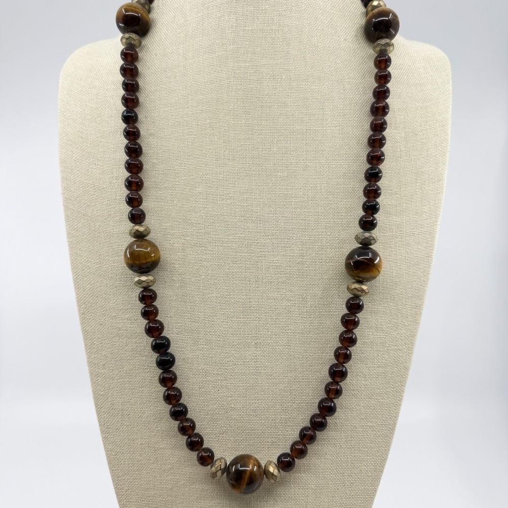 Tiger Eye Bead Necklace Earthy Statement Jewelry Boho Style Long Layering Piece